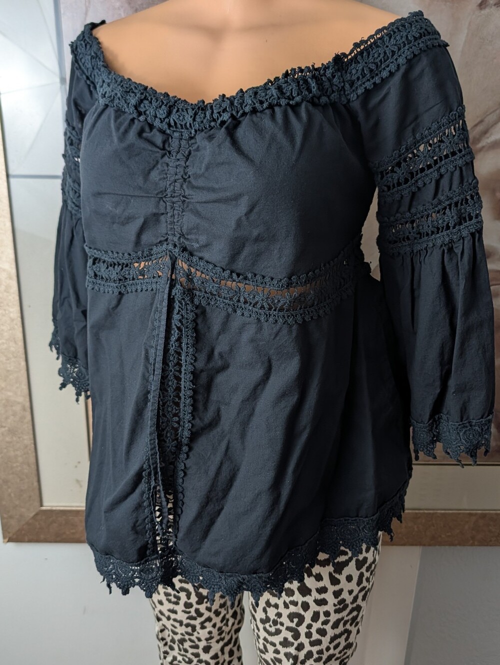 Venus Black Off The Shoulder Boho Peasant Blouse Lace Bell Sleeve Size M